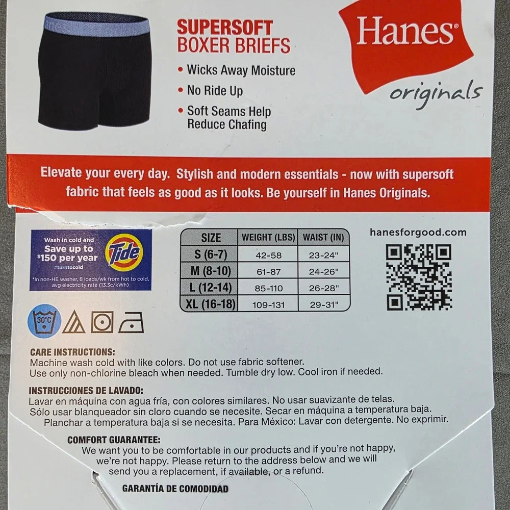 Hanes Originals Boys XL 16-18 Supersoft Bamboo Boxer Briefs 5-Pack Black BRO2BB